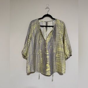 Raquel Allegra Yellow/Gray Silk Blend Printed Peasant Top Size 1 Small